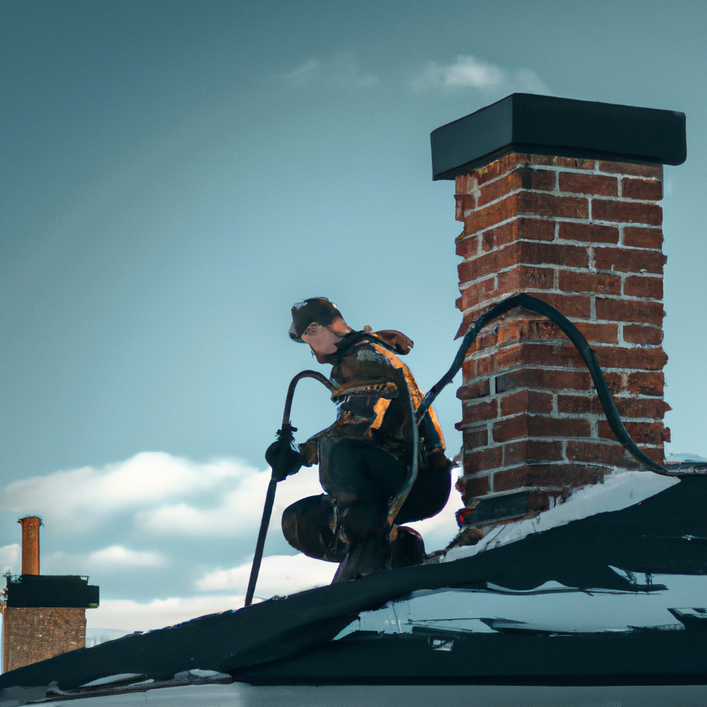 Chimney sweep technician on rooftop